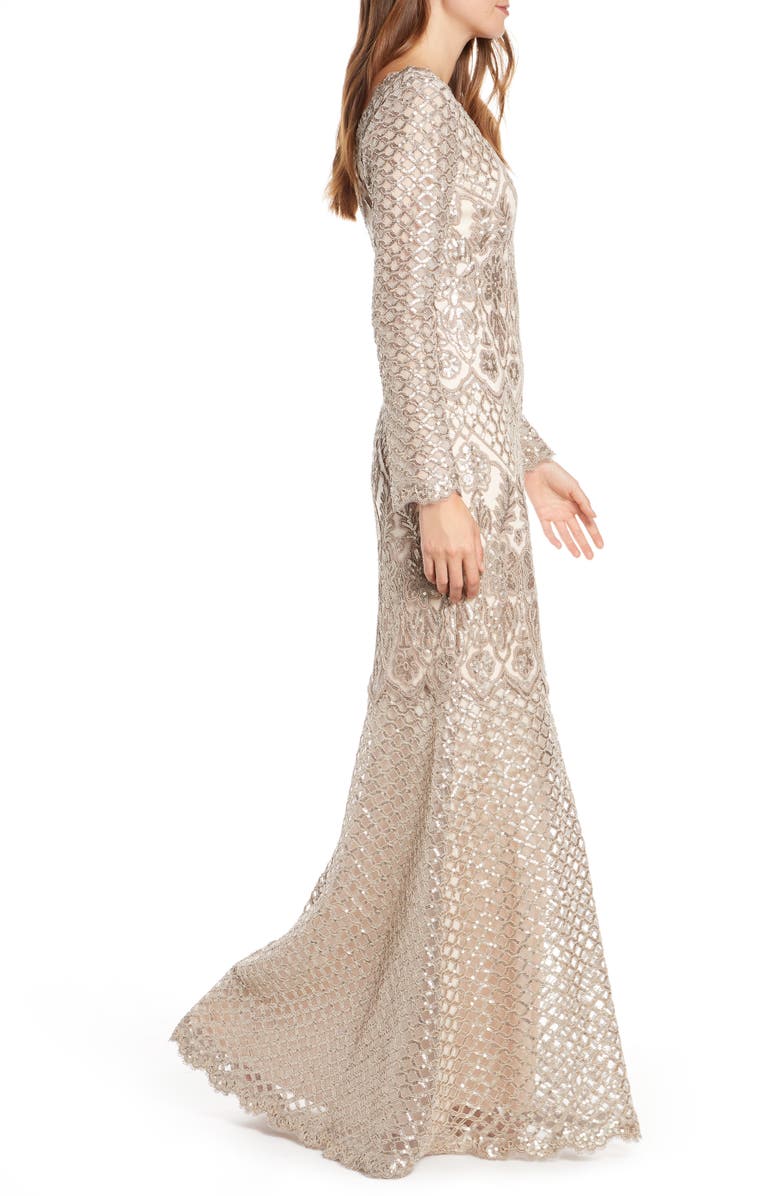 Tadashi Shoji Sequin Lace Long Sleeve Trumpet Gown, Alternate, color,