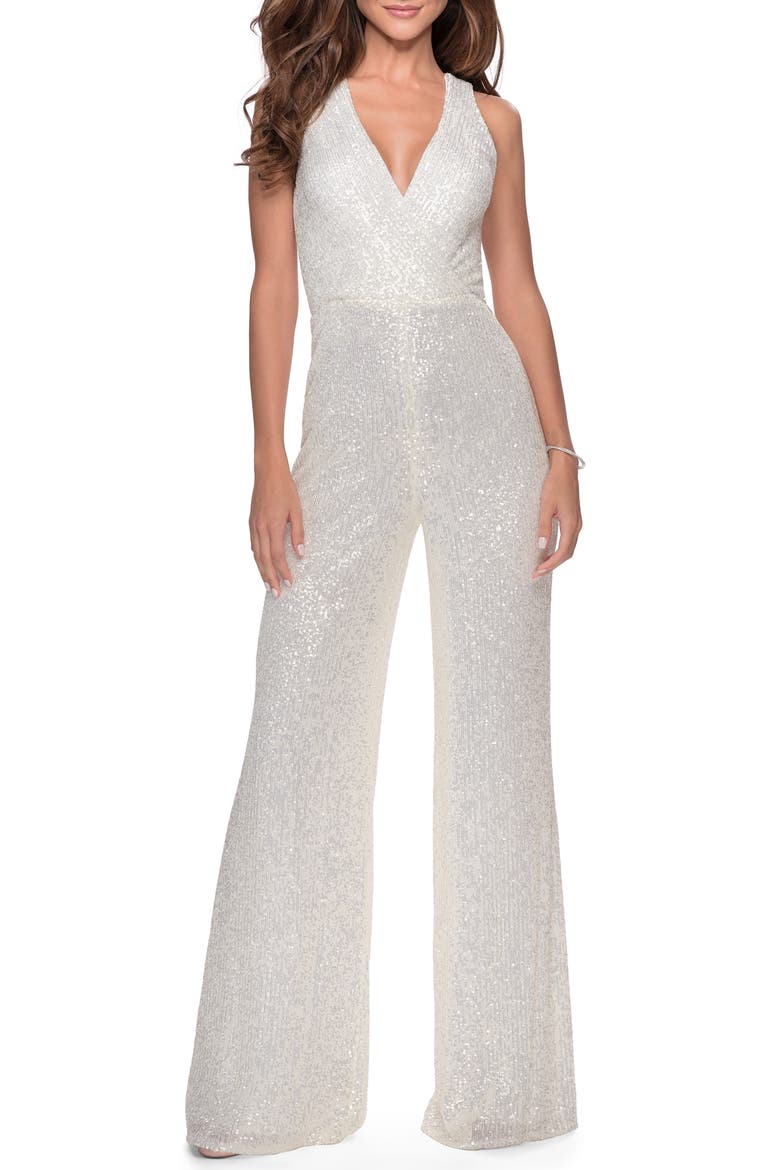 Long Sequin Jumpsuit with Criss Cross Back, Main, color, WHITE