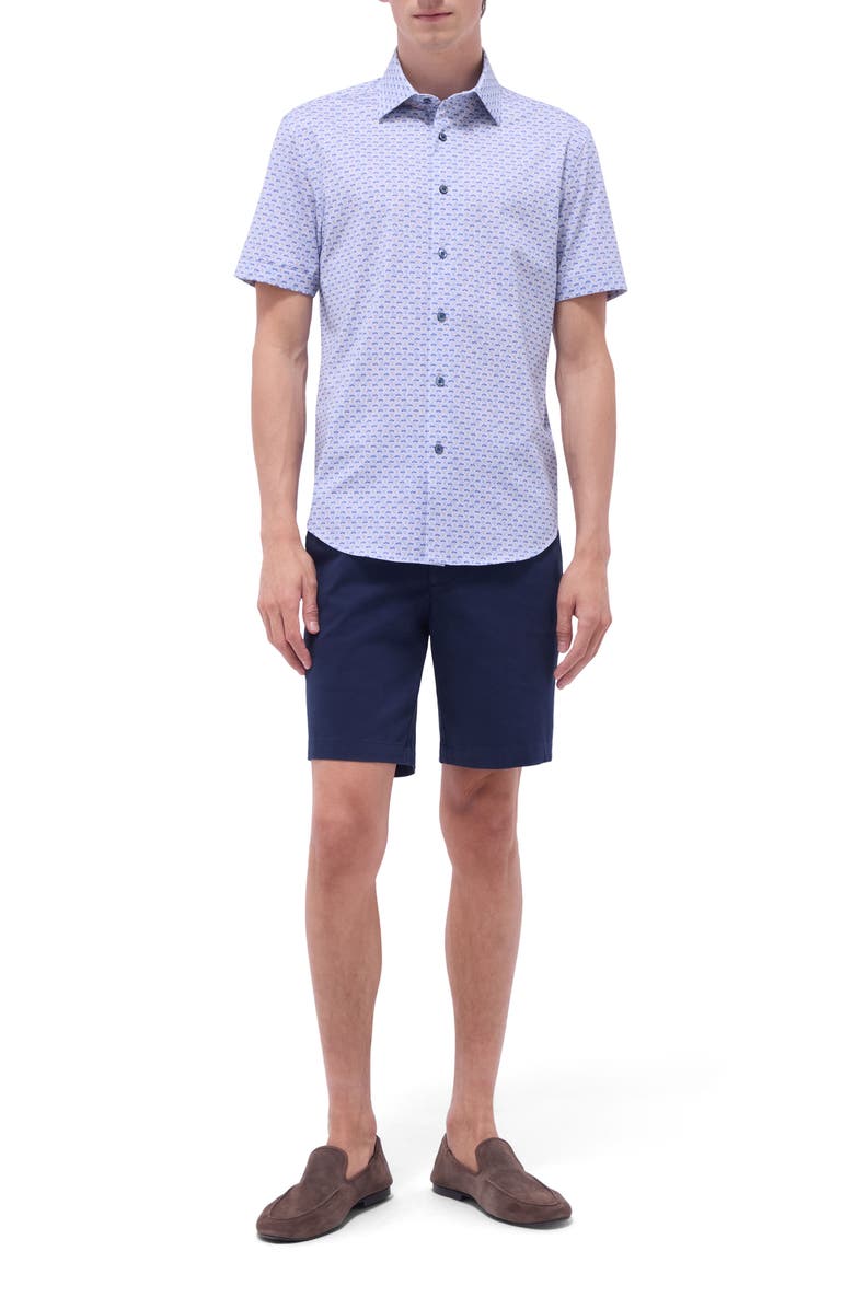 Bugatchi Miles OoohCotton<sup>®</sup> Motorcycle Print Short Sleeve Button-Up Shirt, Alternate, color, Peacock