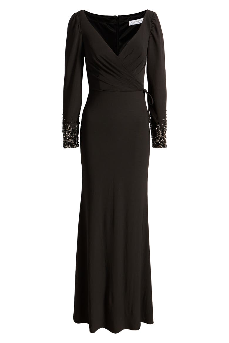 Beaded Cuff Long Sleeve Wrap Over Trumpet Gown, Alternate, color, BLACK