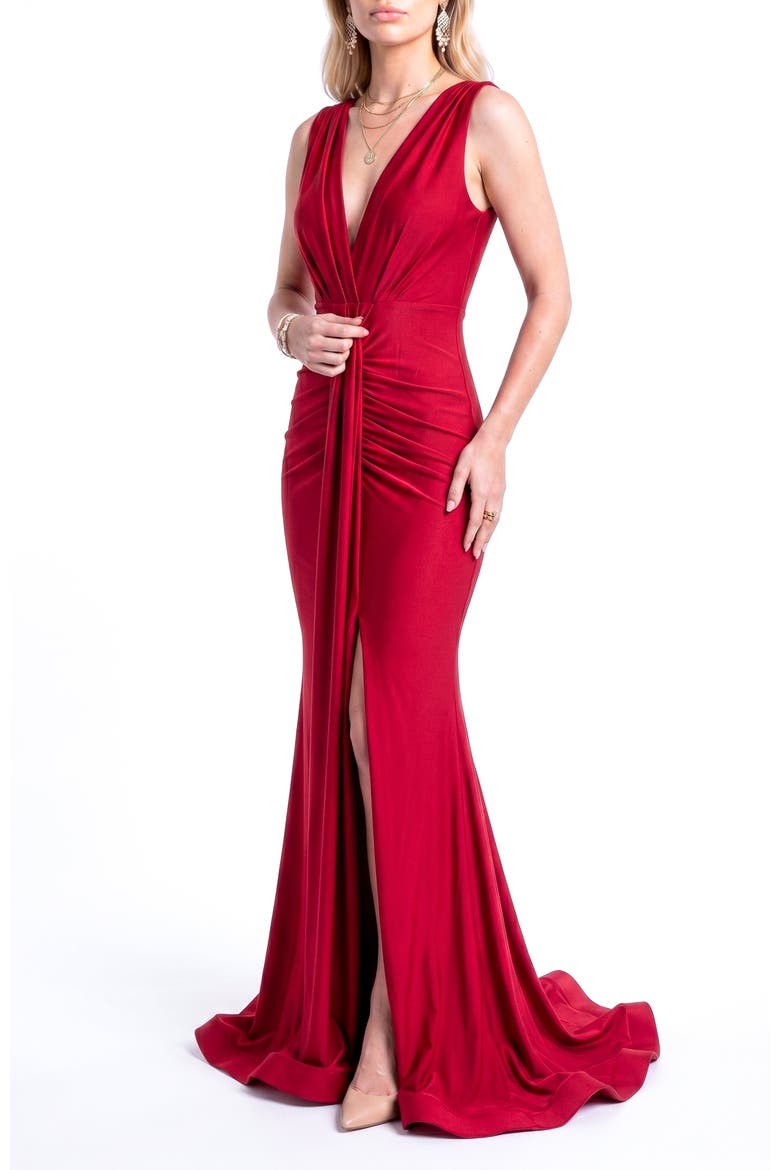 Plunging V-Neck Draped Mermaid Gown, Alternate, color, Red
