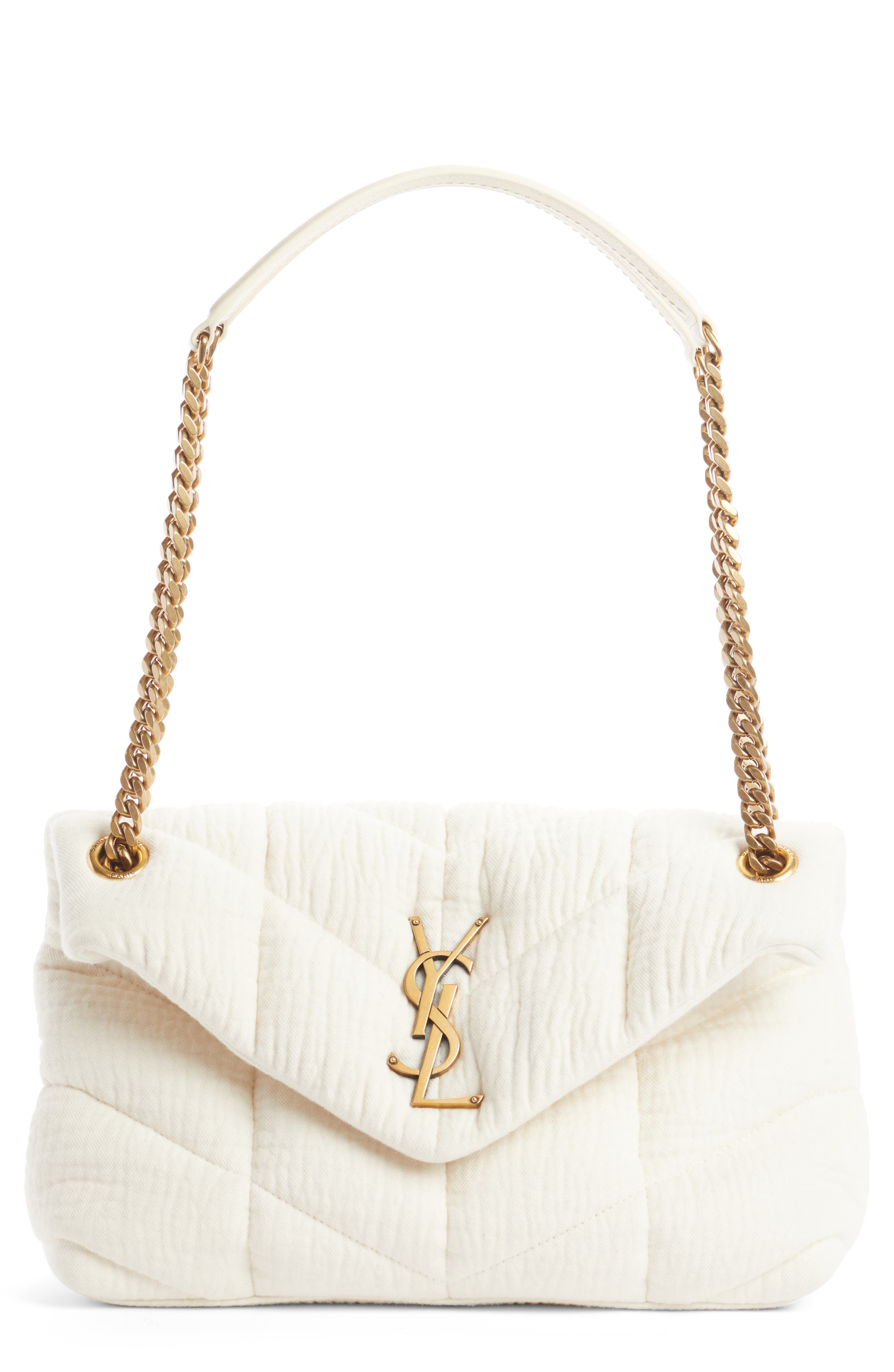 Saint Laurent Small Loulou Puffer Cotton Twill Shoulder Bag, Main, color, Vanilla Ice