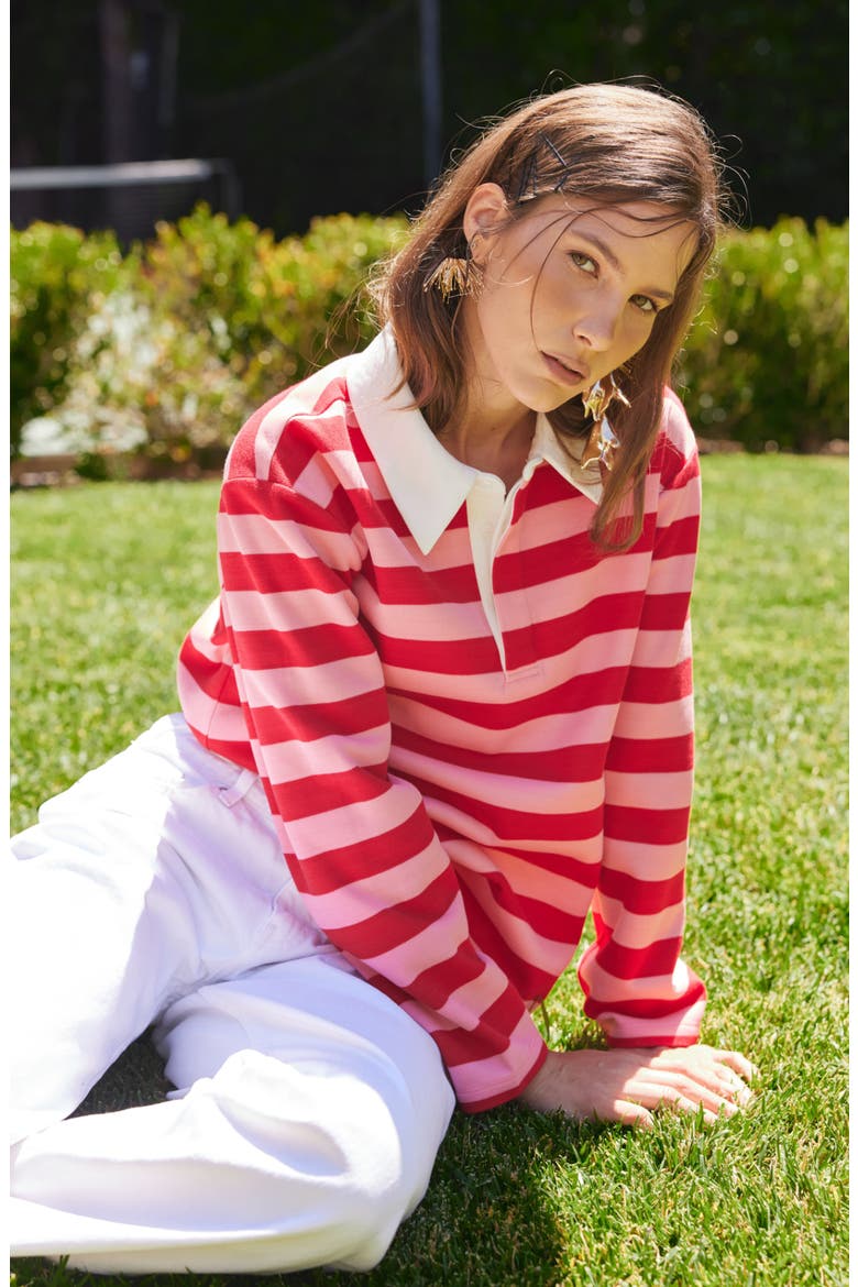 Striped Long Sleeve Polo, Alternate, color, RED/ PINK