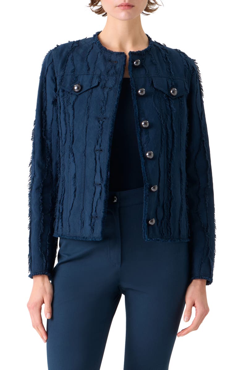 Akris punto Fringe Jacquard Jacket, Main, color, Dark Blue