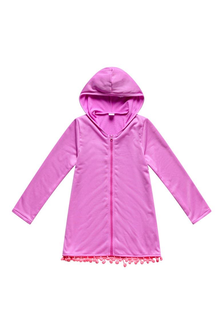 Kids' Pom Trim Hooded Cover-Up Tunic, Main, color, CYBER PINK