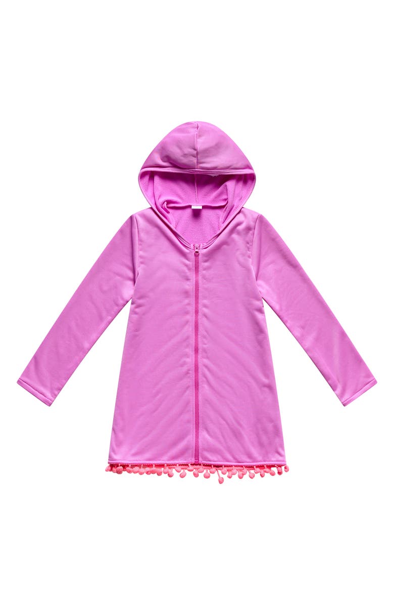 Beach Lingo Kids' Pom Trim Hooded Cover-Up Tunic, Main, color, Cyber Pink