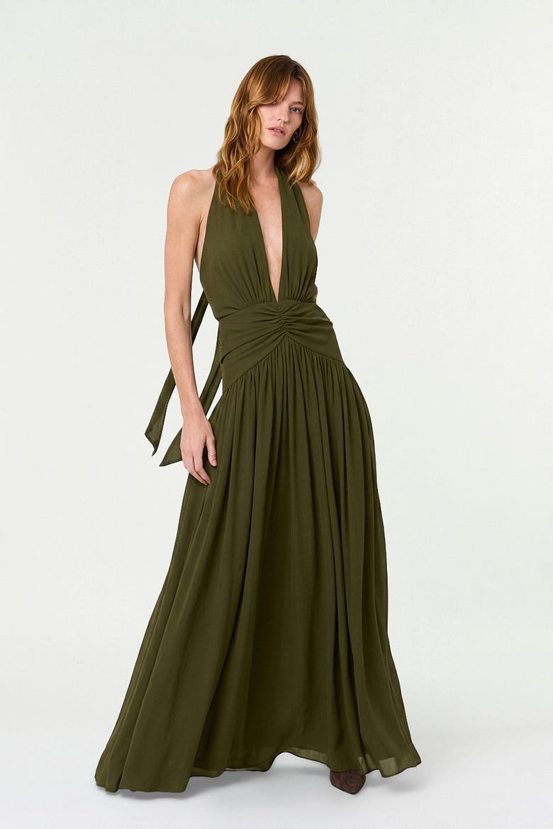 Arella Deep Plunge Halter Maxi Dress, Alternate, color, Olive