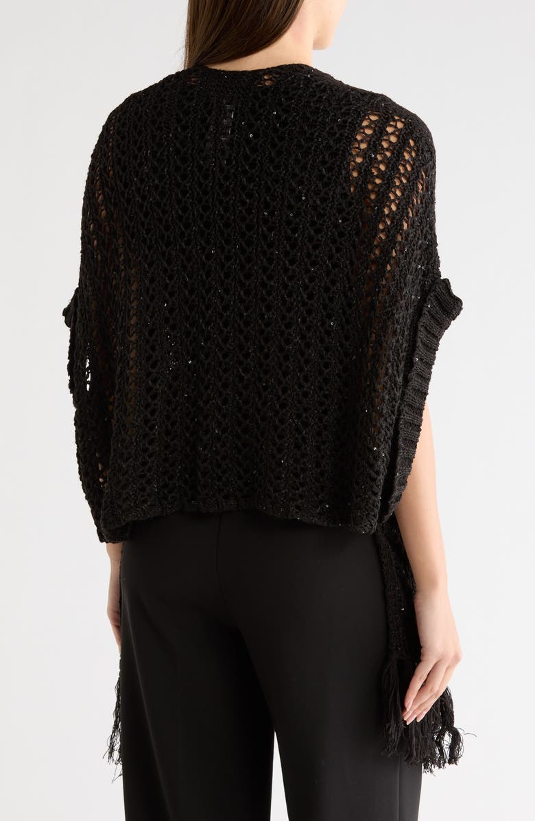 Vince Camuto Sequin Open Knit Fringe Trim Shawl, Alternate, color, Black