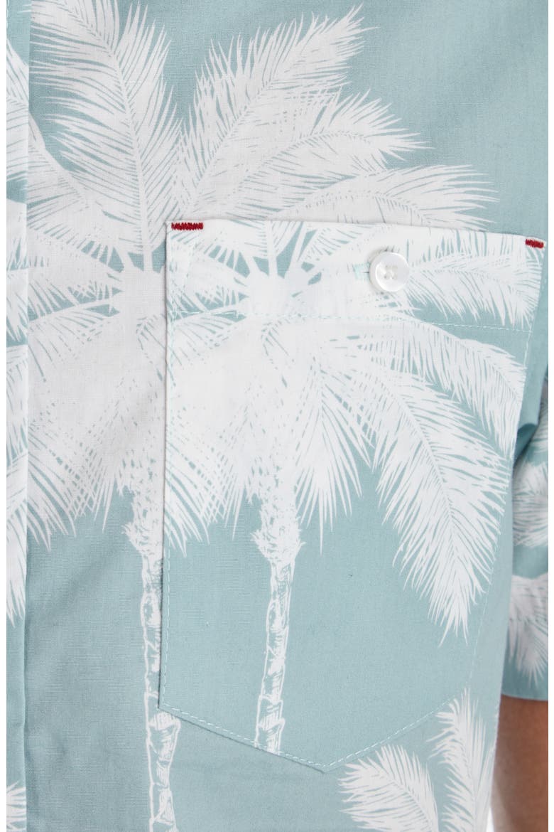Palm Print Short Sleeve Button-Up Peached Cotton Poplin Shirt, Alternate, color, SEAFOAM