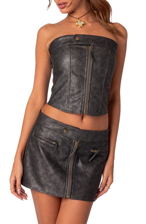 EDIKTED Ziva Lace Up Strapless Faux Leather Corset Top in Black at Nordstrom, Size X-Small
