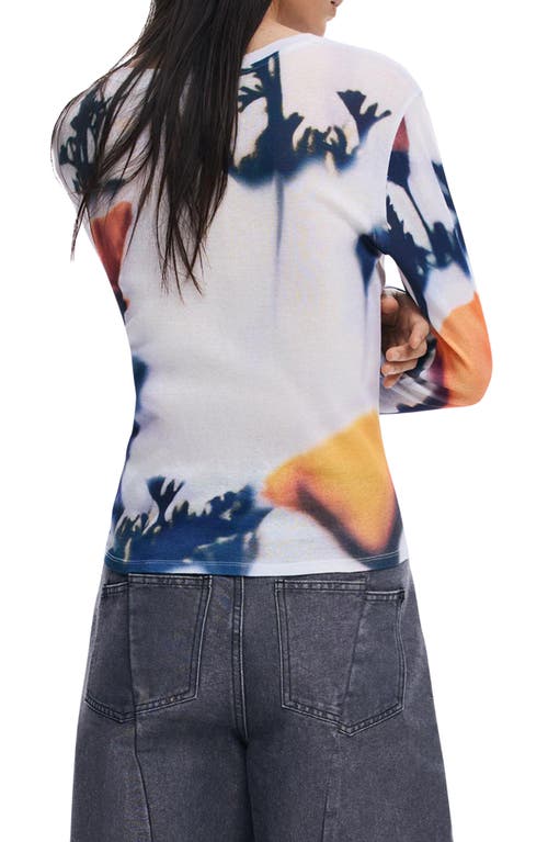 Desigual Print Long Sleeve Cotton T-shirt In White