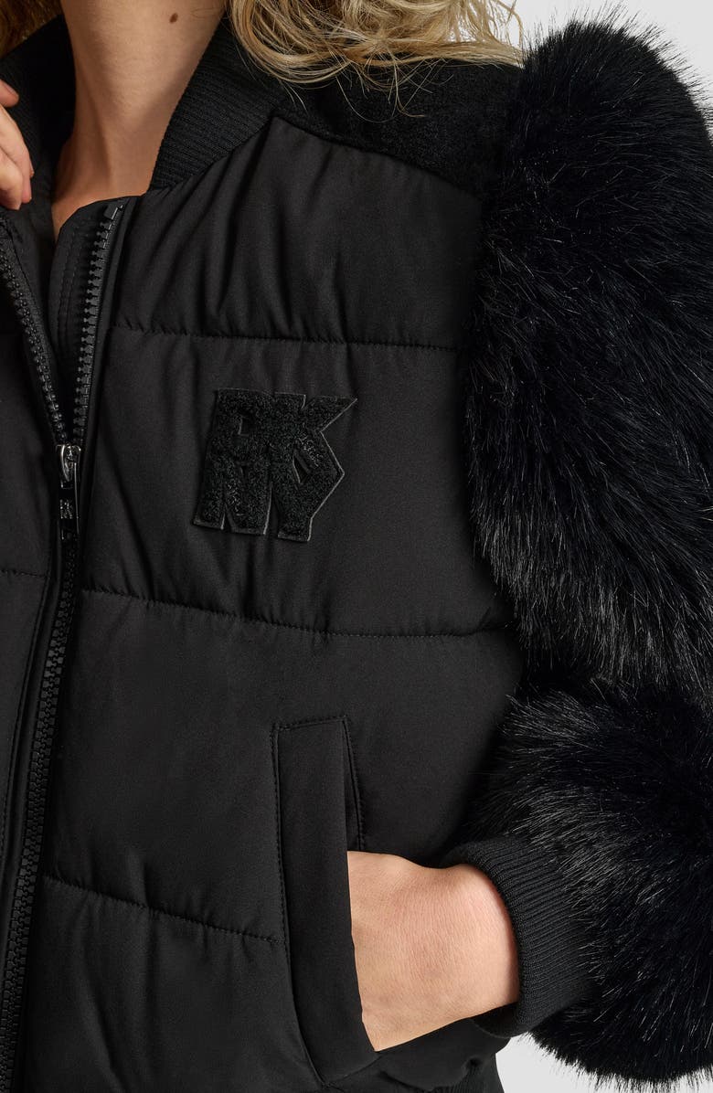 DKNY Crop Faux Fur Sleeve Bomber Jacket, Alternate, color, Black