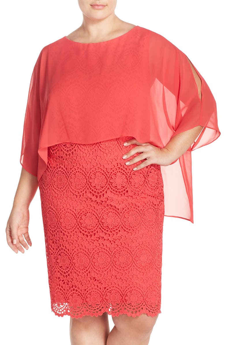 Adrianna Papell Chiffon Capelet Lace Sheath Dress, Main, color,