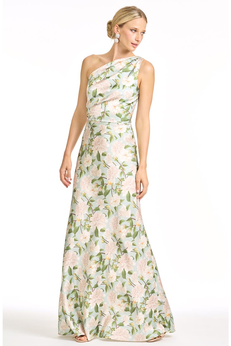 Delphine Floral One-Shoulder Gown, Alternate, color, CELADON SWEETBRIAR