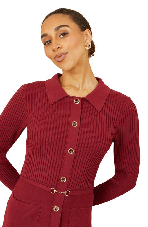 Yumi Belted Rib Knit Midi Dress With Pockets In Burgundy
