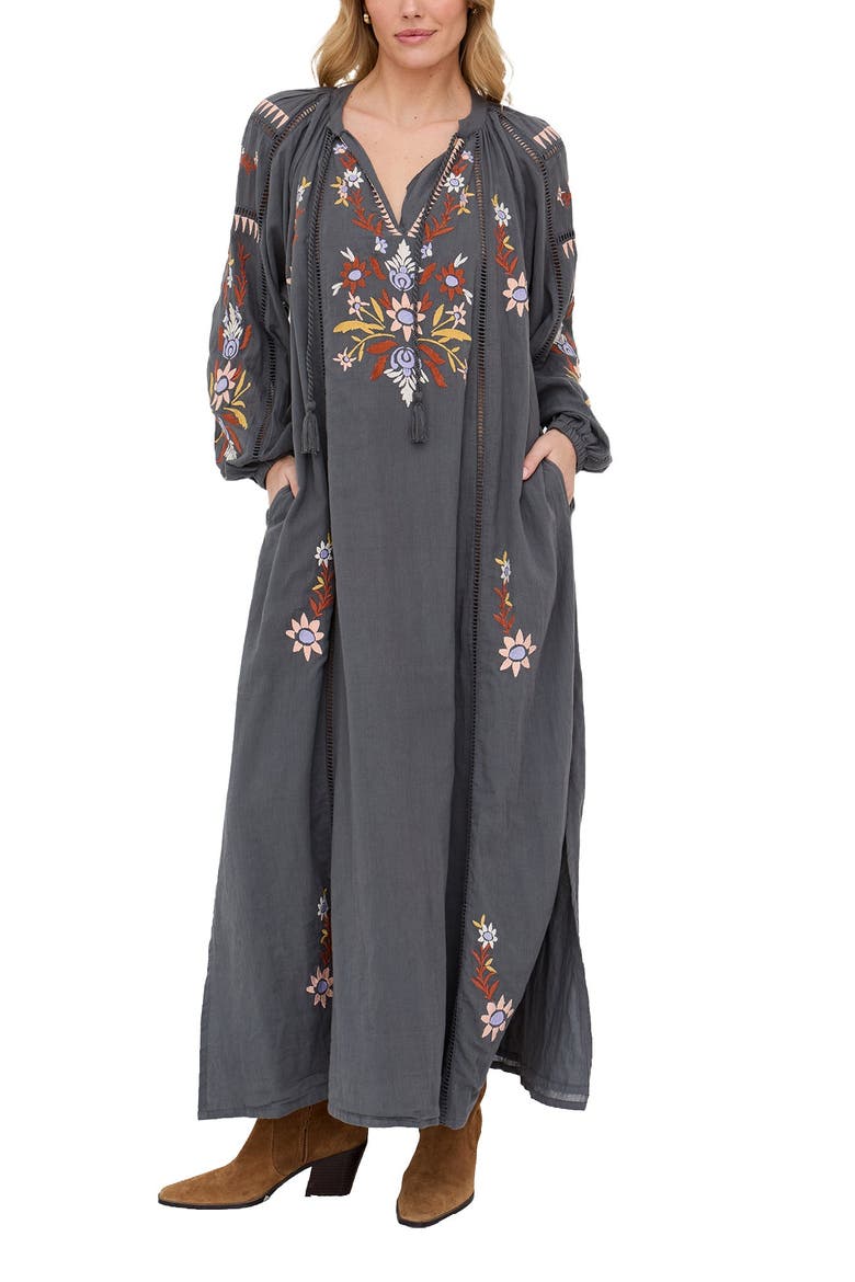 Elisa Kaftan Style Embroidered Maxi Dress, Main, color, Dark Grey