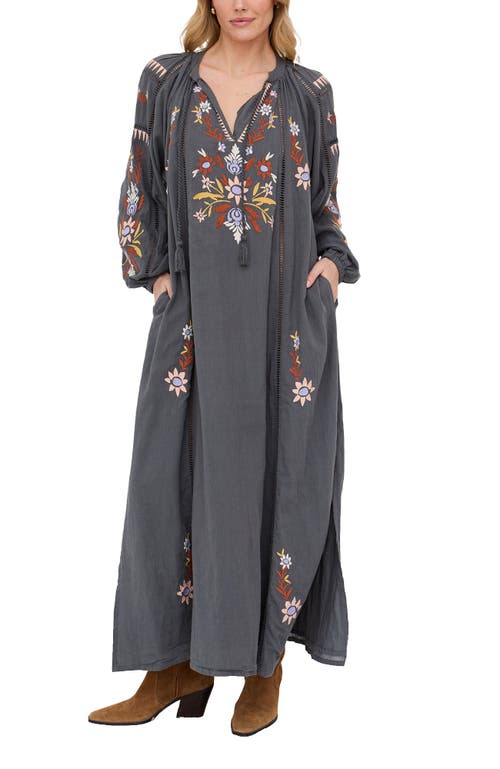 Raffya Elisa Kaftan Style Embroidered Maxi Dress In Gray