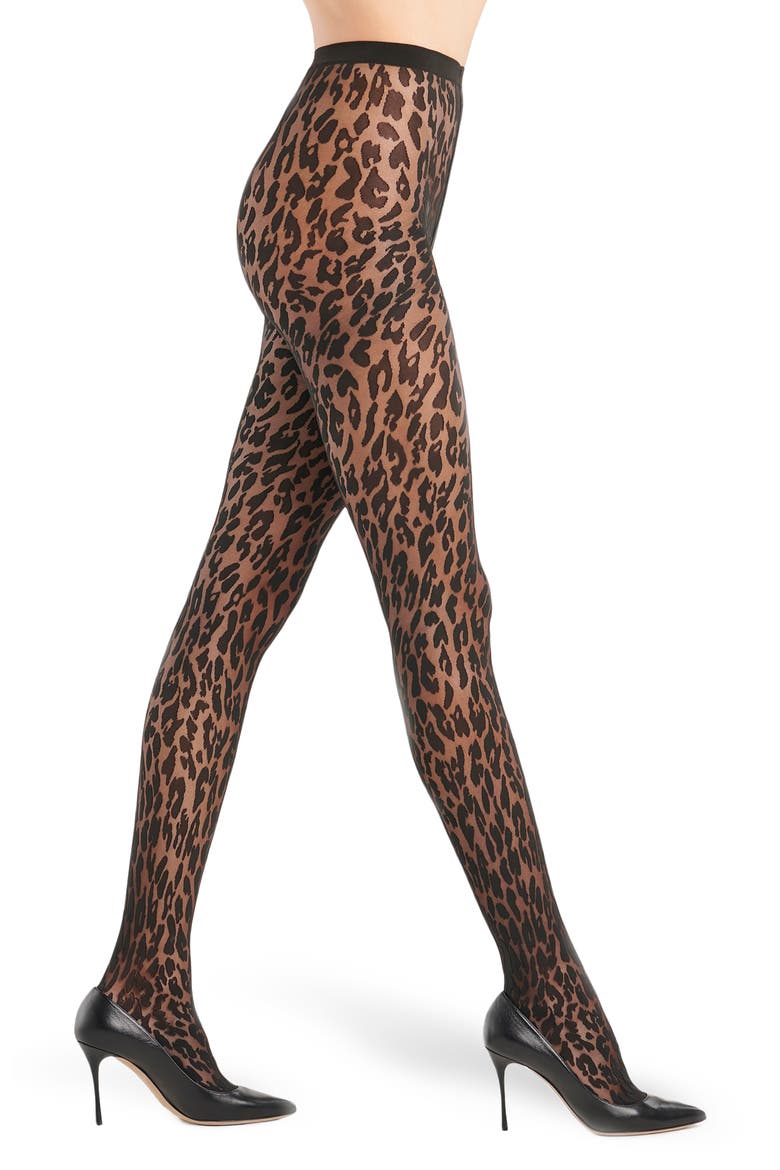 Josey Leopard Pattern Tights, Main, color, BLACK/BLACK