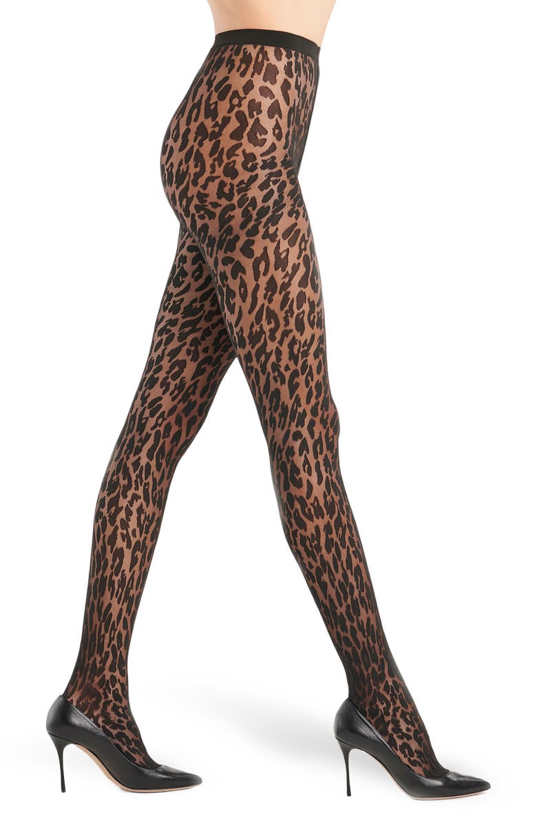 Wolford Josey Leopard Pattern Tights, Main, color, Black/Black