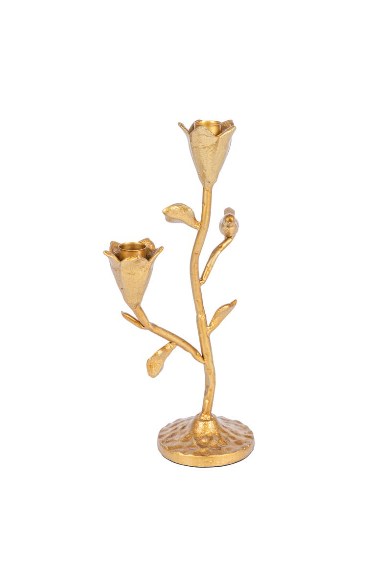 Storied Home Tall Hand-Forged Cast Iron Candelabra with Flowers and Bird, Gold, Main, color, Gold