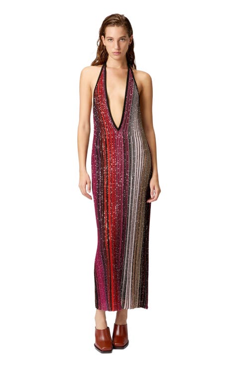 Striped Partialized Midi Dress With Sequins And V-neck