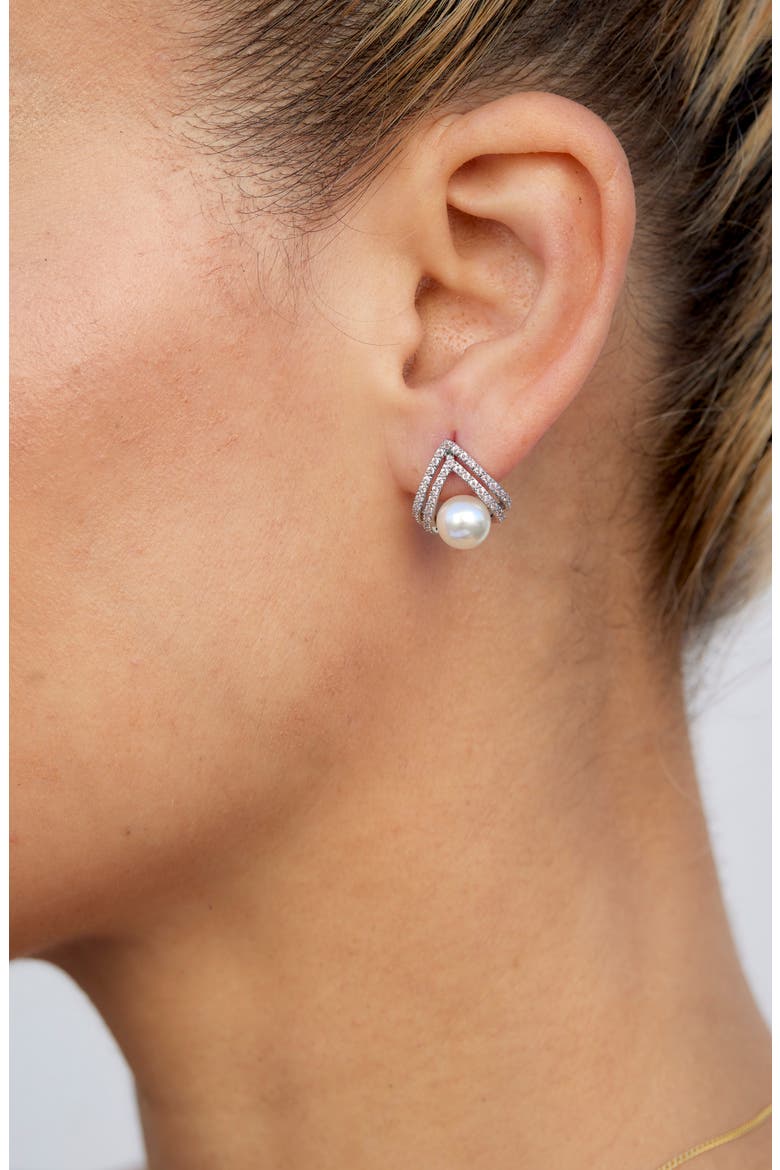 Cubic Zirconia & Faux Pearl Stud Earrings, Alternate, color, WHITE GOLD