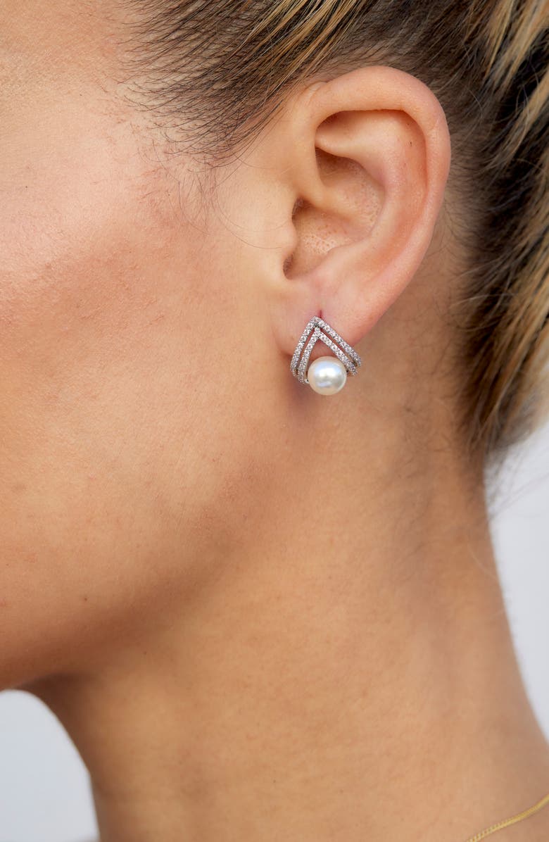 SAVVY CIE JEWELS Cubic Zirconia & Faux Pearl Stud Earrings, Alternate, color, White Gold