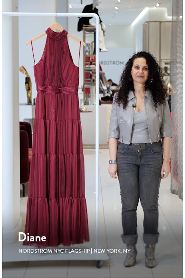 Pleated Bodice Tiered Tie Neck Halter Gown video