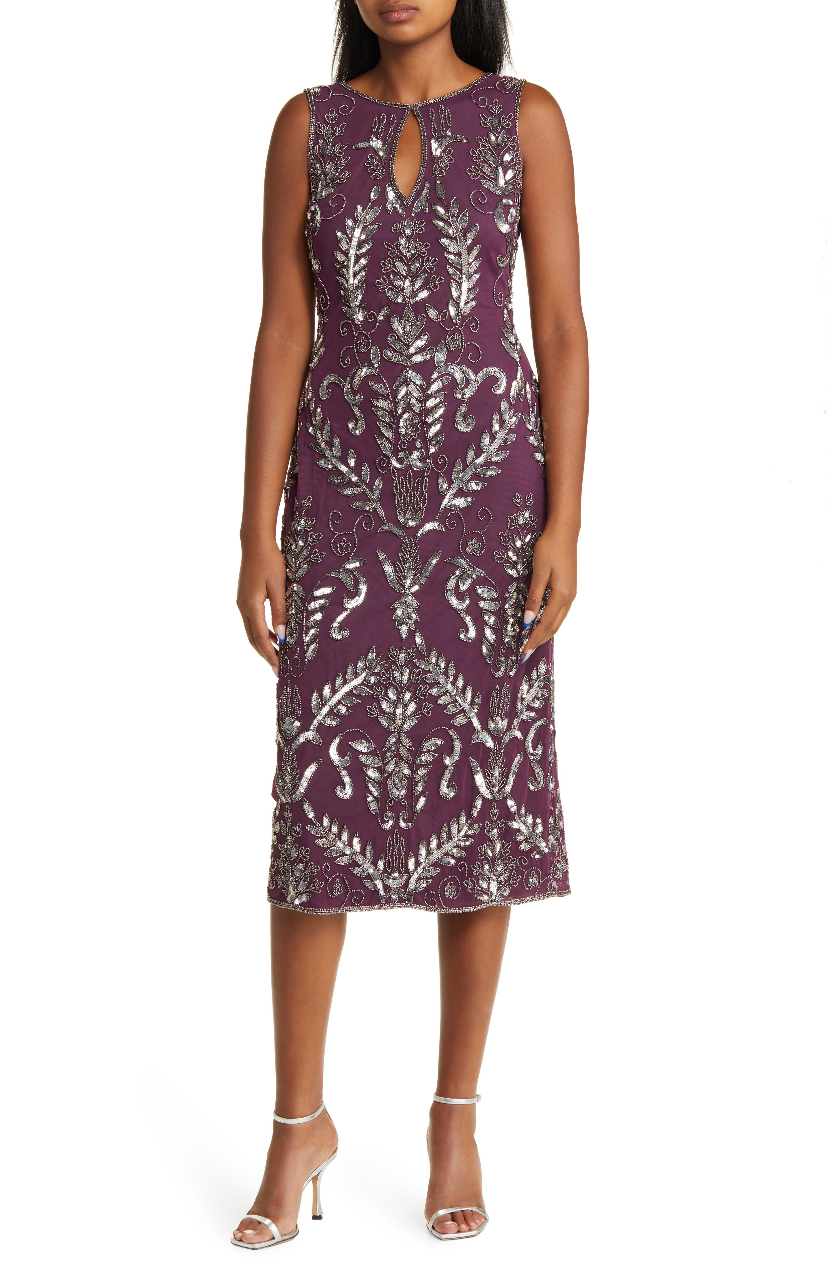 Pisarro Nights Embellished Midi Cocktail Dress in Plum 