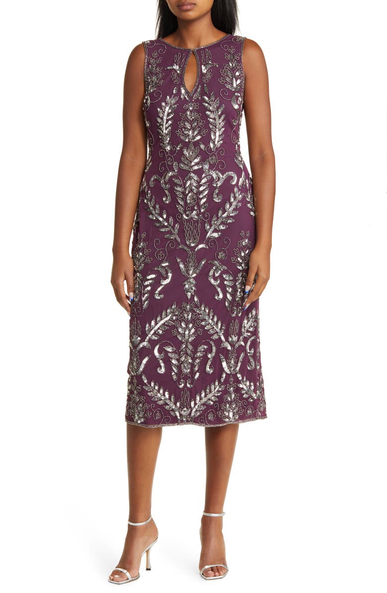 Pisarro Nights Embellished Midi Cocktail Dress, Main, color, Plum
