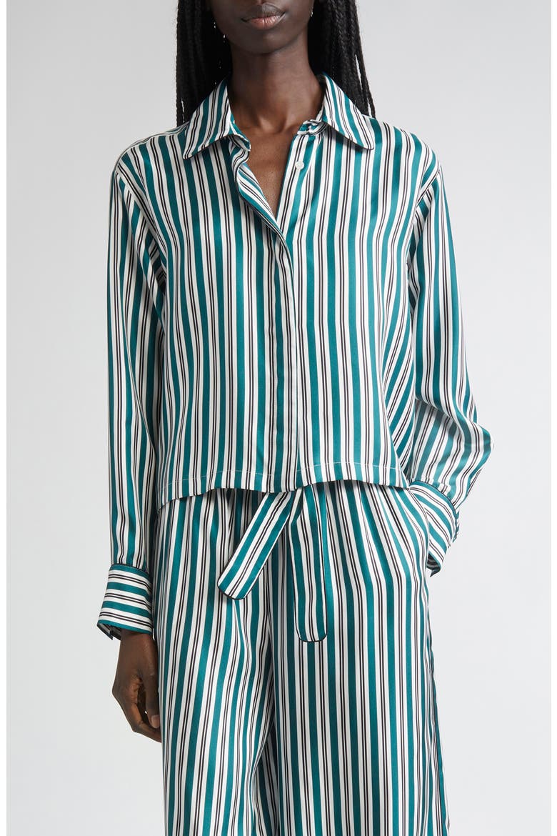 Brama Stripe Crop Silk Button-Up Shirt, Main, color, DARK GREEN