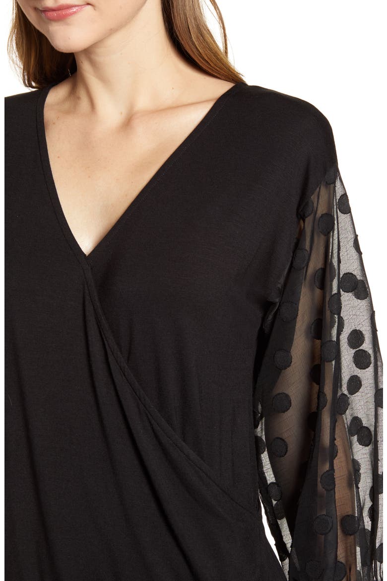 Dot Chiffon Sleeve Faux Wrap Top, Alternate, color, BLACK