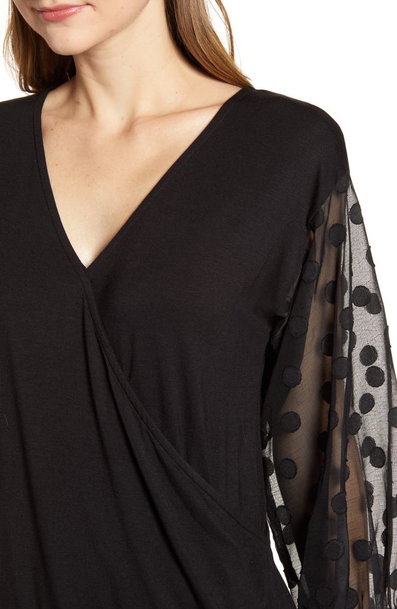 Loveappella Dot Chiffon Sleeve Faux Wrap Top, Alternate, color, 