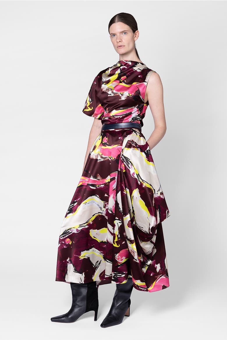 Amari Printed Satin Draped Skirt, Alternate, color, Brush Burgundy