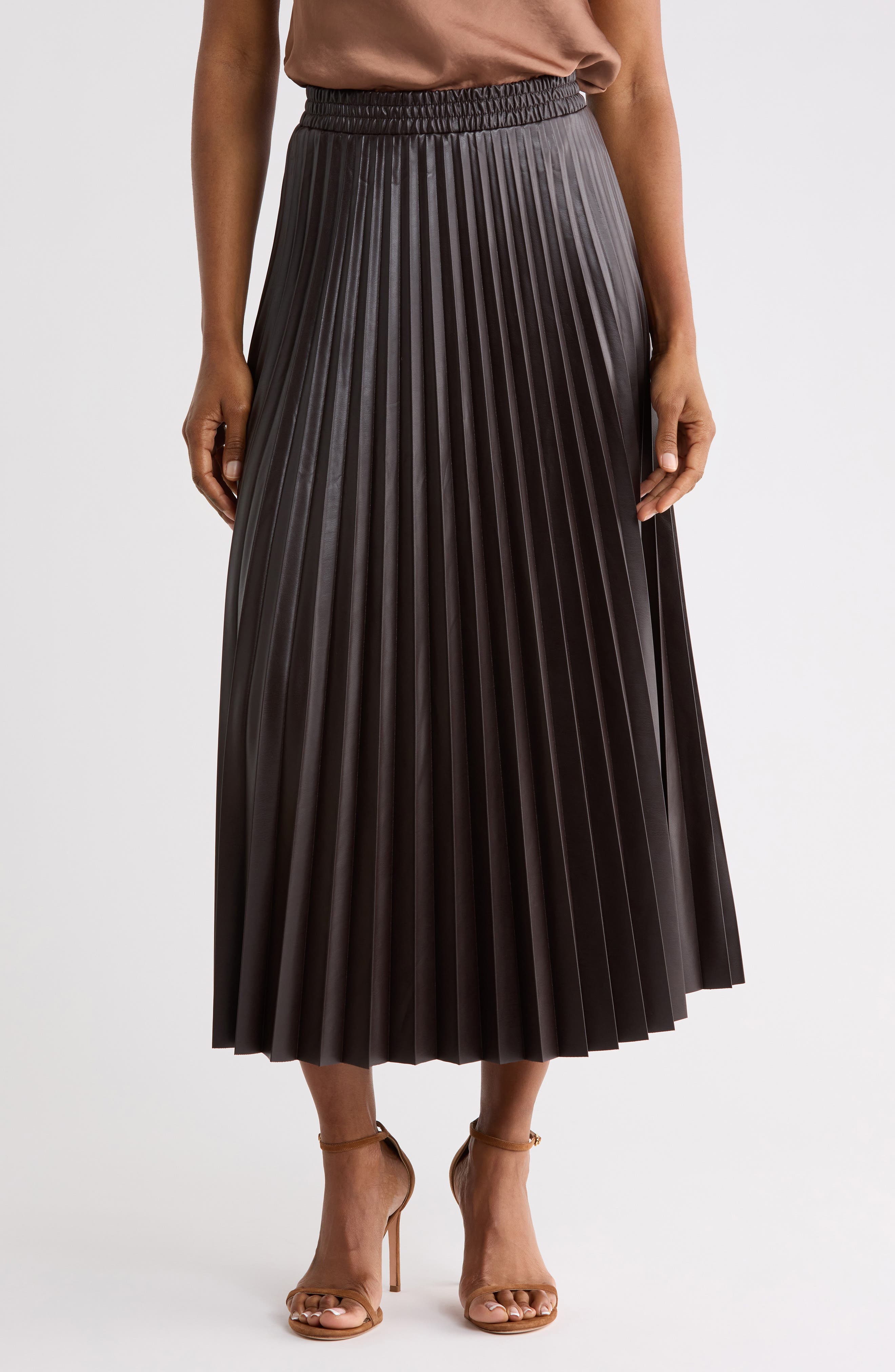 Pleated Faux Leather Midi Skirt