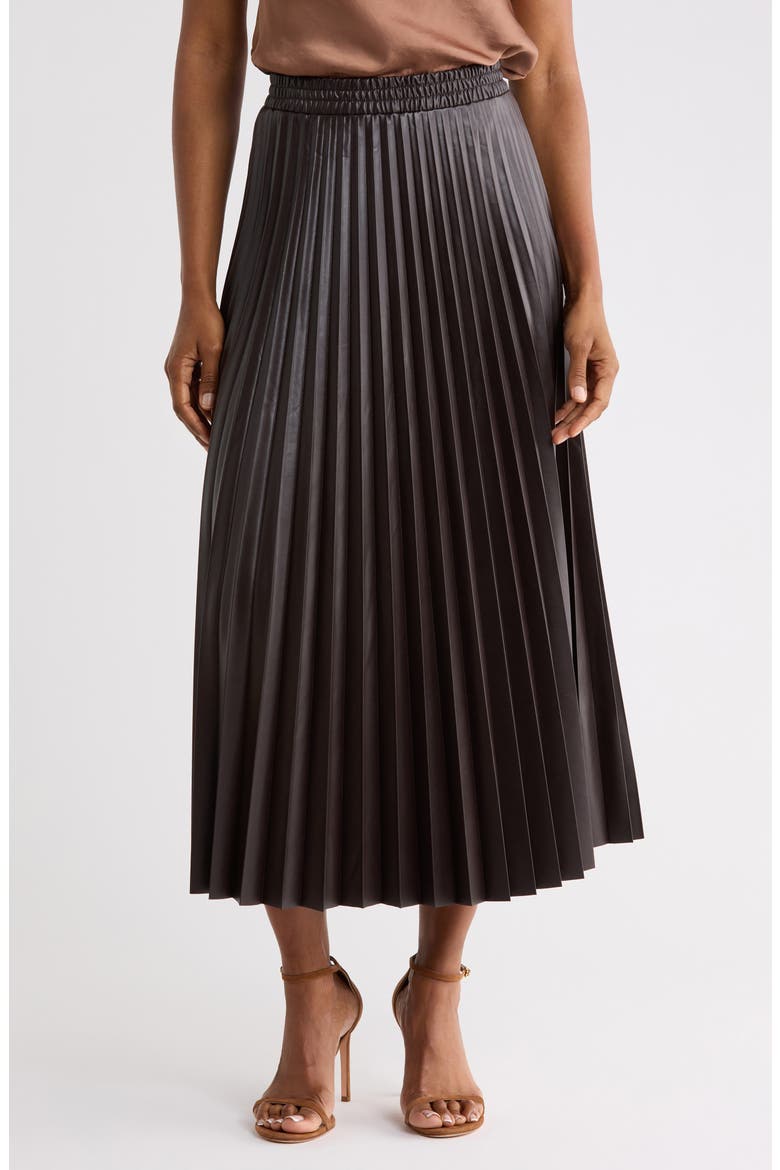 Pleated Faux Leather Midi Skirt, Main, color, DK BROWN