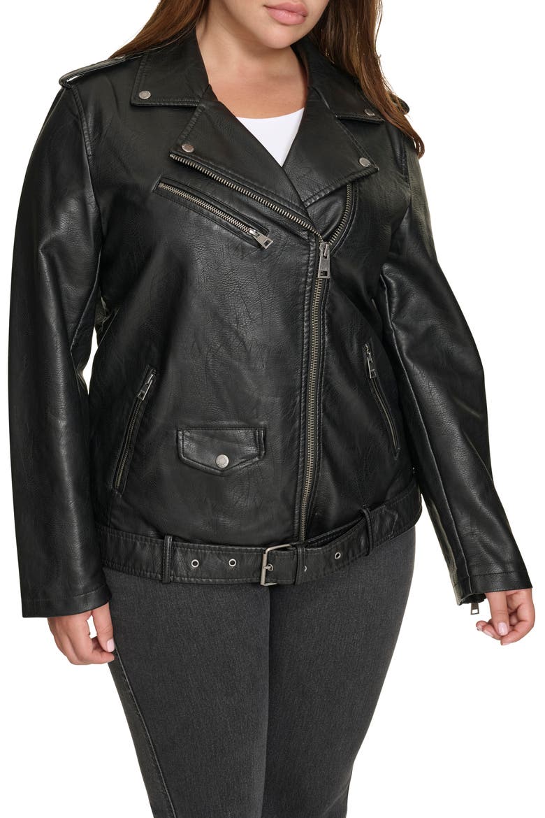 Water Resistant Faux Leather Longline Moto Jacket, Main, color, BLACK