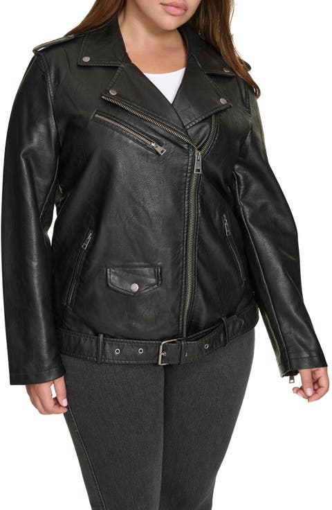 Water Resistant Faux Leather Longline Moto Jacket (Plus)