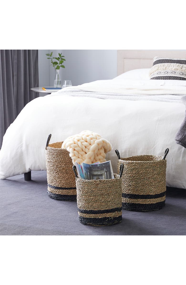 GINGER BIRCH STUDIO Black And Natural Woven Striped Round Seagrass Baskets With Handles - Set Of 3: 15" - 17" - 18", Alternate, color, 