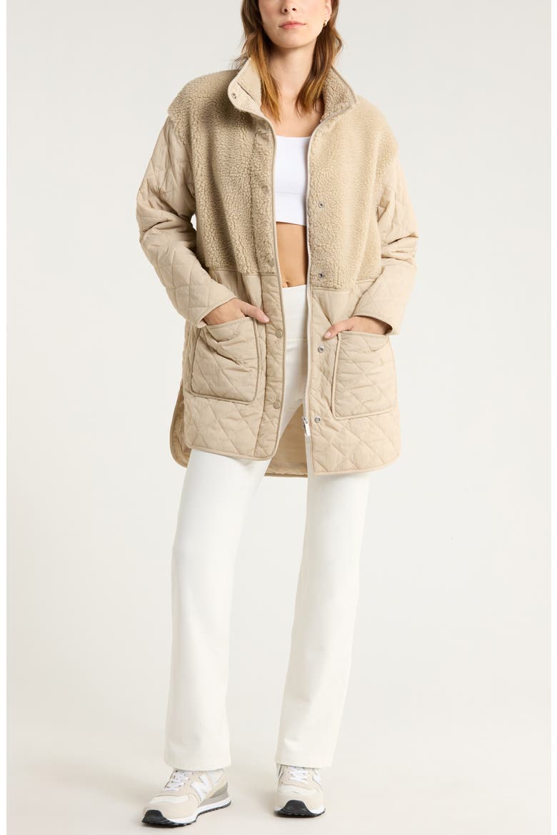 Faux Shearling Hybrid Quilted Long Jacket, Alternate, color, TAN OXFORD