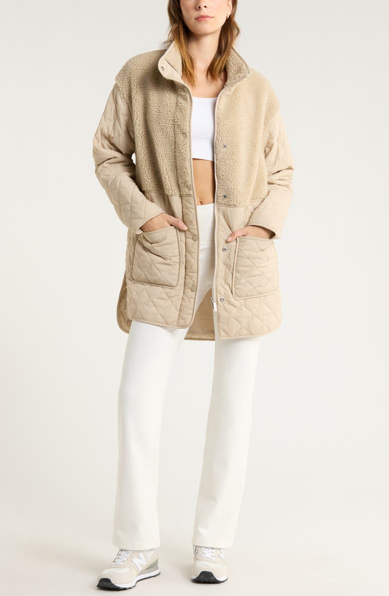 Zella Faux Shearling Hybrid Quilted Long Jacket, Alternate, color, Tan Oxford