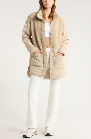 Faux Shearling Trim Quilted Long Jacket