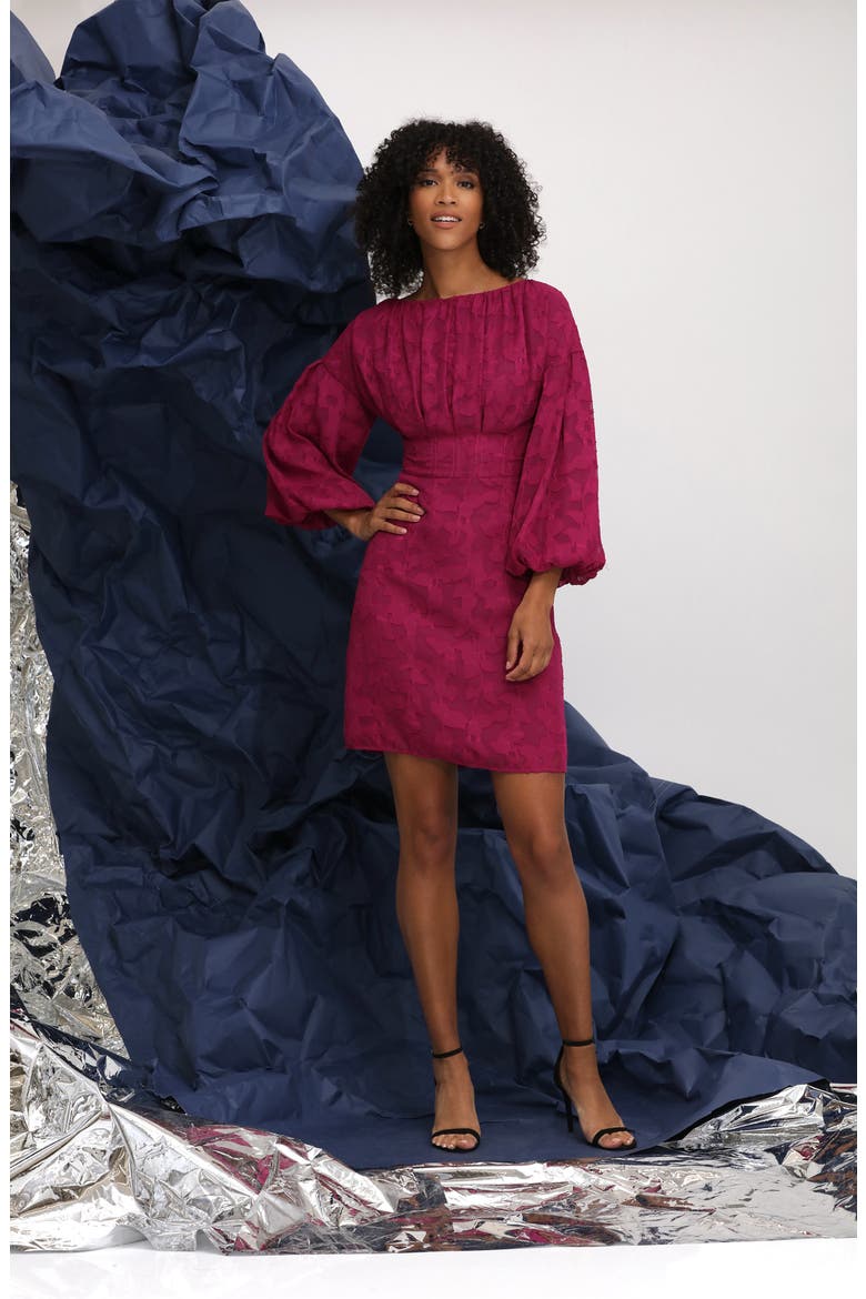 Balloon Sleeve Jacquard Sheath Dress, Alternate, color, FUCHSIA