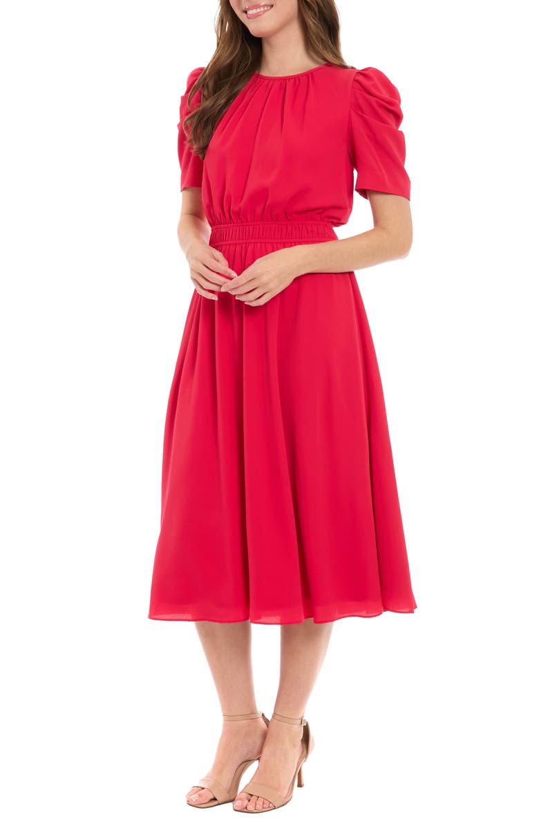 London Times Ruched Bubble Sleeve Midi Dress, Alternate, color, Rose Red