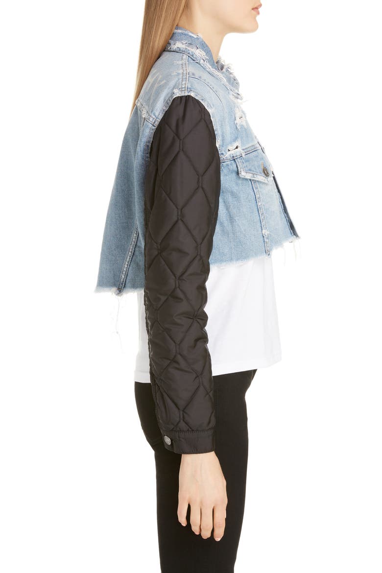 Quilted Sleeve Destroyed Denim Jacket, Alternate, color, BLACK/ LIGHT BLUE