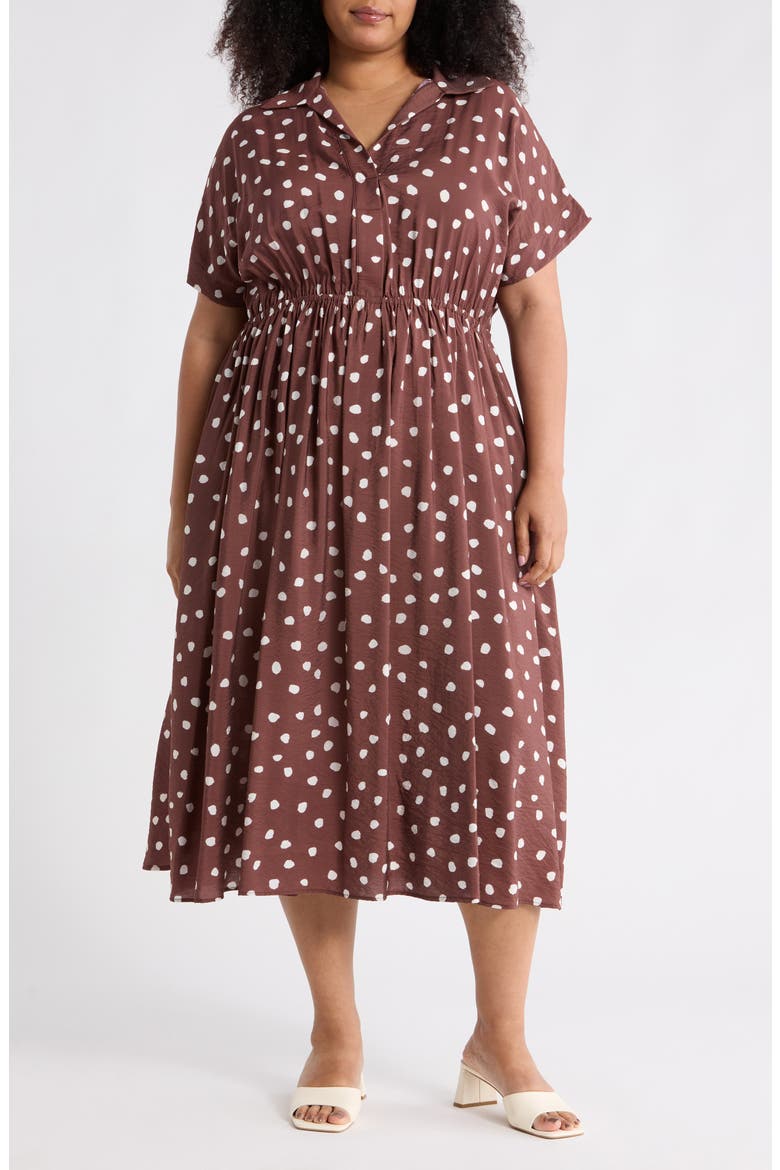 Polka Dot Short Sleeve Midi Dress, Main, color, BROWN