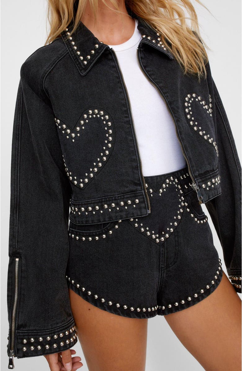 NASTY GAL Heart Studded Cropped Denim Jacket, Alternate, color, Washed Black