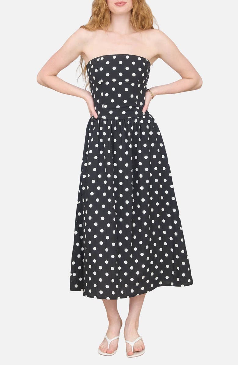 Blu Pepper Polka Dot Strapless Midi Dress, Main, color, Black