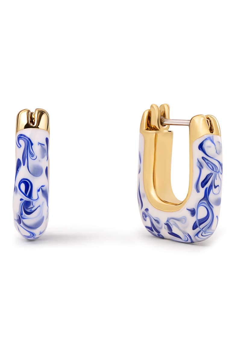 Dakota Mini Marbled Enamel Hoop Earrings, Main, color, GOLD / MARBLE BLUE