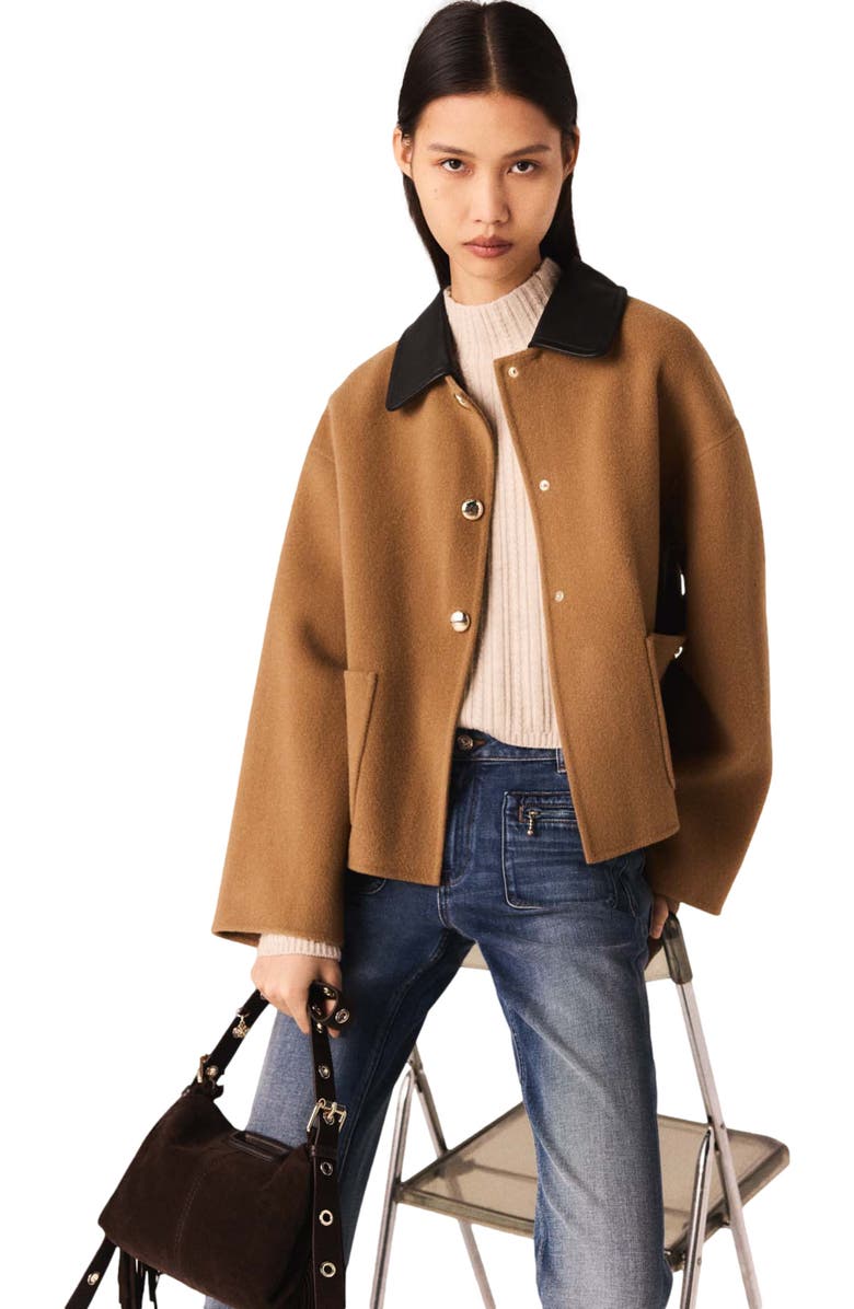 maje Double-faced coat with removable collar, Alternate, color, Camel